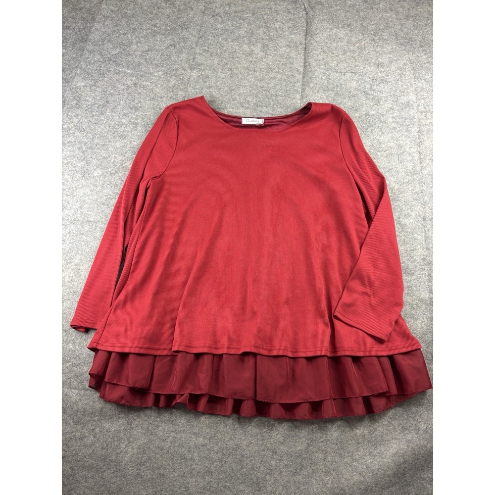CL Shang Blouse Womens 4XL Red Bows Long Sleeve Ribbed Ruffle Girly Tweed VTG